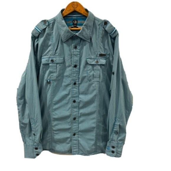 Cavi Shirt Mens 2XL XXL Long Sleeve Front Pockets Shoulder Buttons Aqua Check - Picture 1 of 10